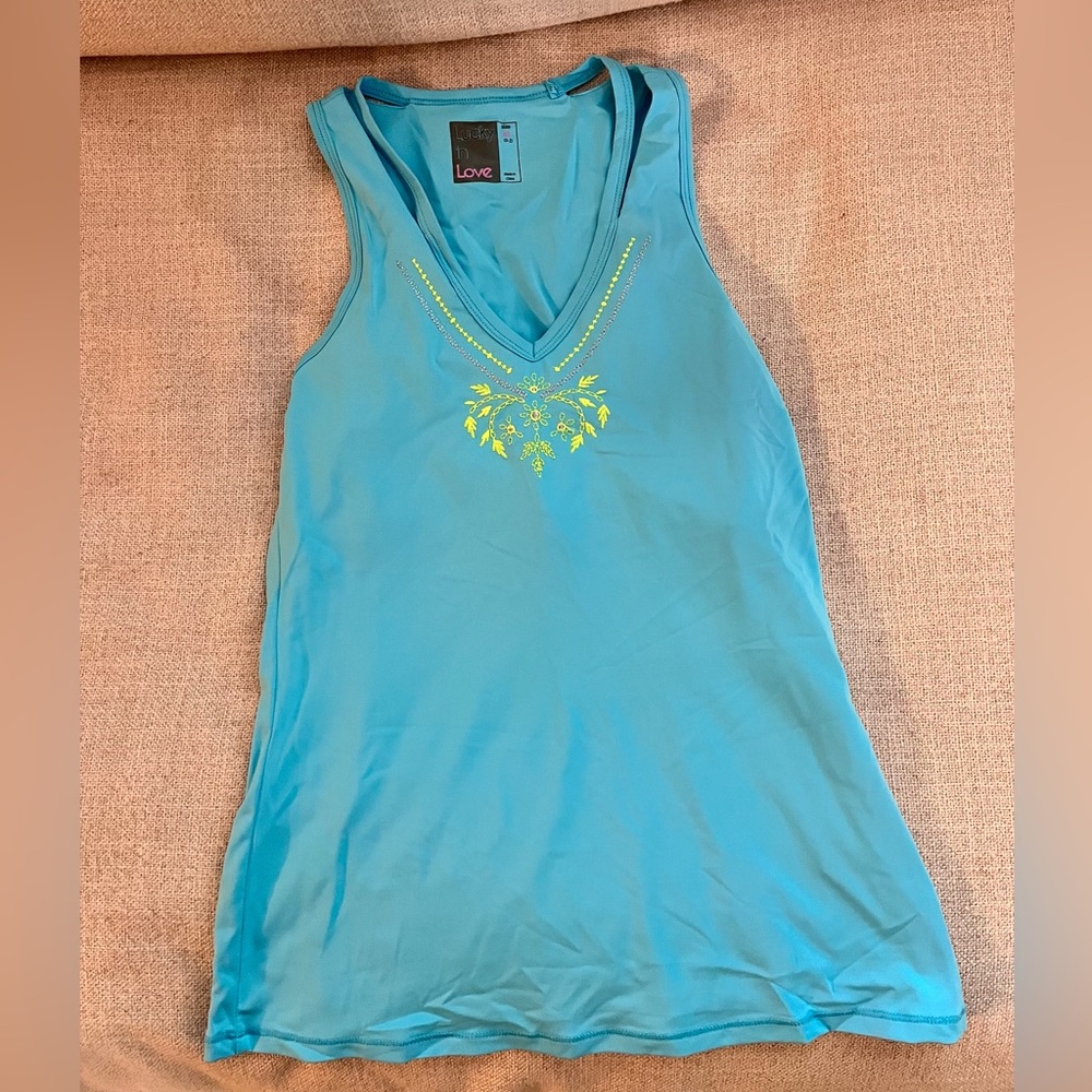 Brand new lucky in love embroidered tennis tank